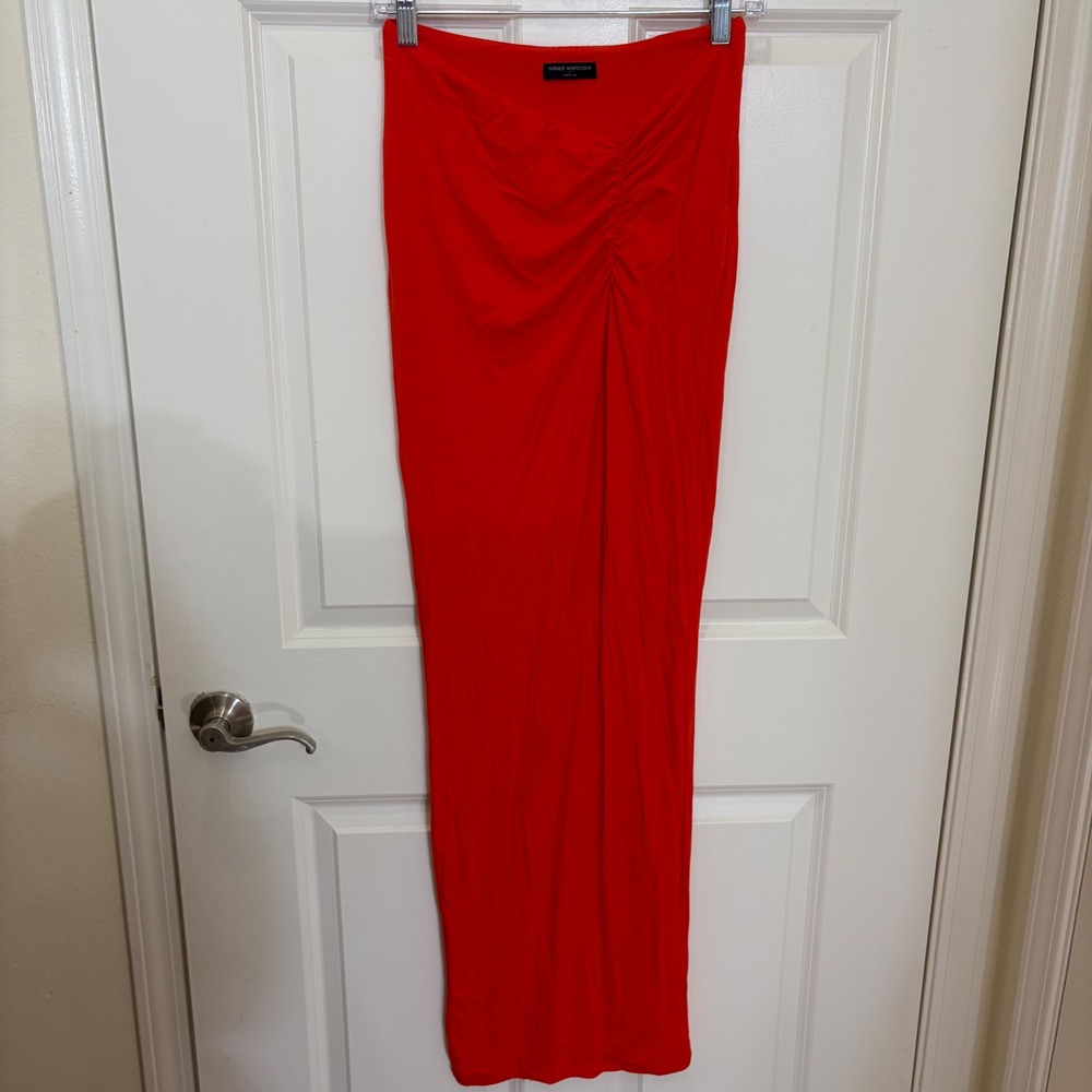 Naked Wardrobe Red Ruched Front Bodycon Maxi Skirt Small